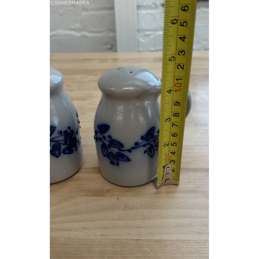 Vintage Salt Glaze Stoneware Salt and Pepper Shakers Blue Floral 2 Piece Set